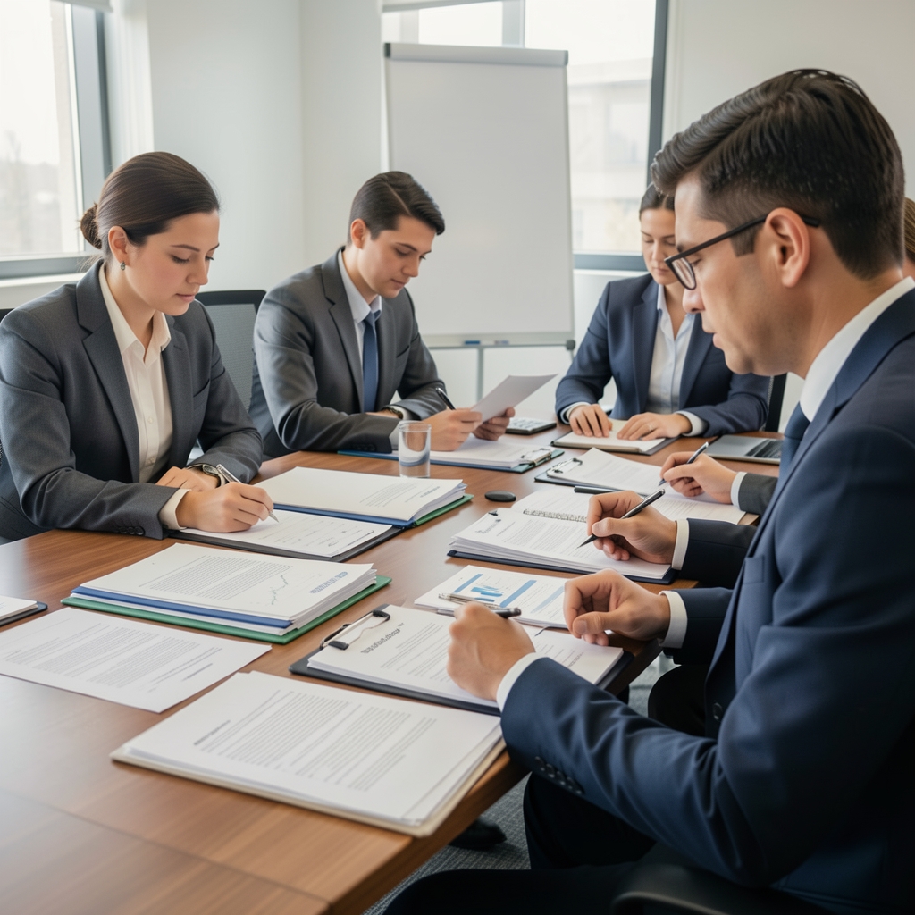Equipo de auditores revisando carpetas de trabajo y documentación financiera sobre una mesa de reuniones
