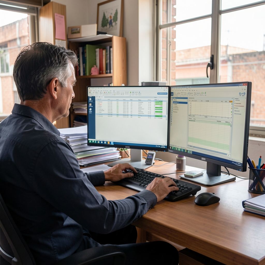 Contador utilizando un software de gestión contable en dos monitores dentro de una oficina argentina
