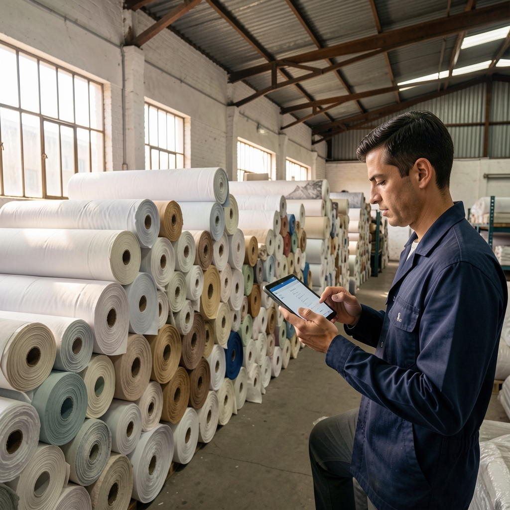 Interior de una planta textil argentina con rollos de tela apilados y un operario registrando datos en una tablet