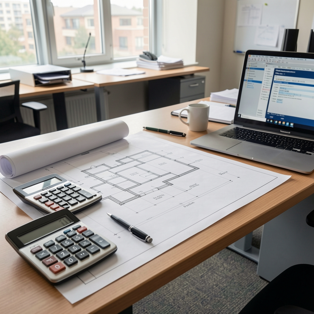 Planos de arquitectura extendidos sobre un escritorio junto a una calculadora y una laptop en una oficina de ingeniería