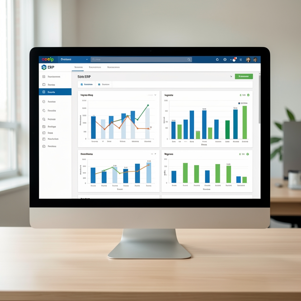 Pantalla de computadora mostrando un panel de control de un sistema ERP con gráficos de ingresos y egresos mensuales